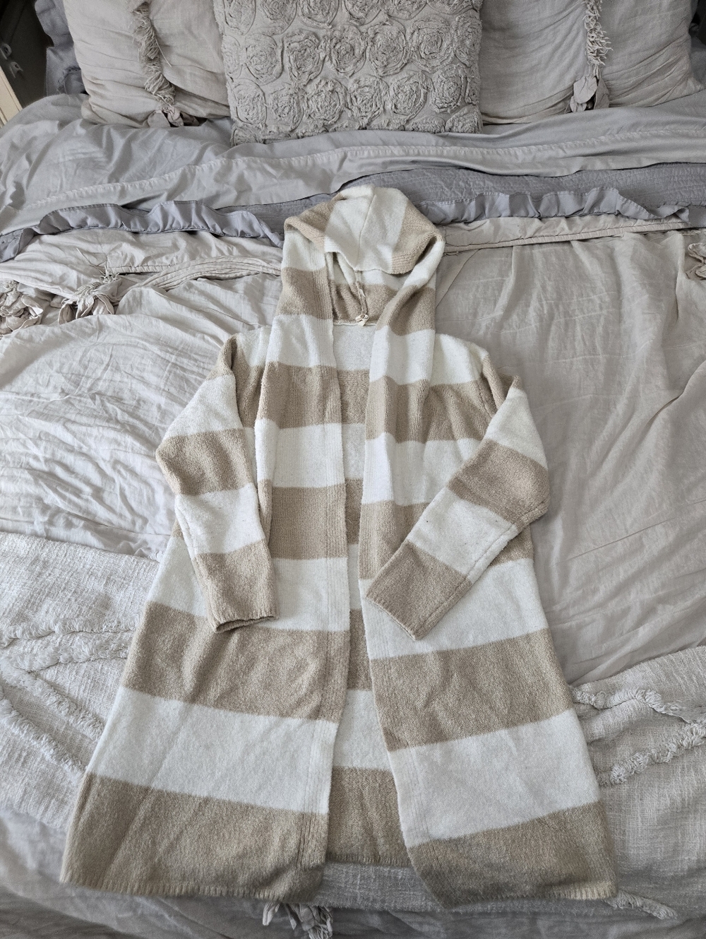 POL Hooded Stripe Cardigan Sweater in Cream and Tan